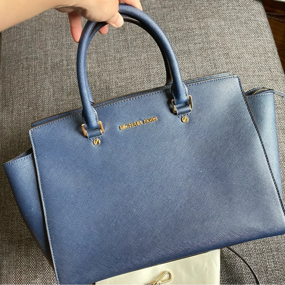 Michael Kors Selma Saffiano Leather Satchel Blue Bag Large Tote Bag & Dust Bag